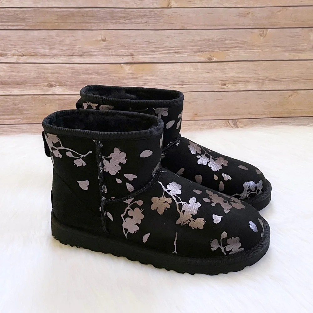 UGG Women’s Classic Mini Floral Foil Black Boots